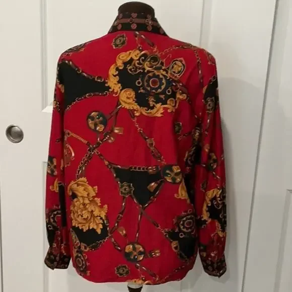 Talbots 100% Silk Red Black Equestrian Mobwife Button Down Shirt Top Size 12P - Picture 5 of 8